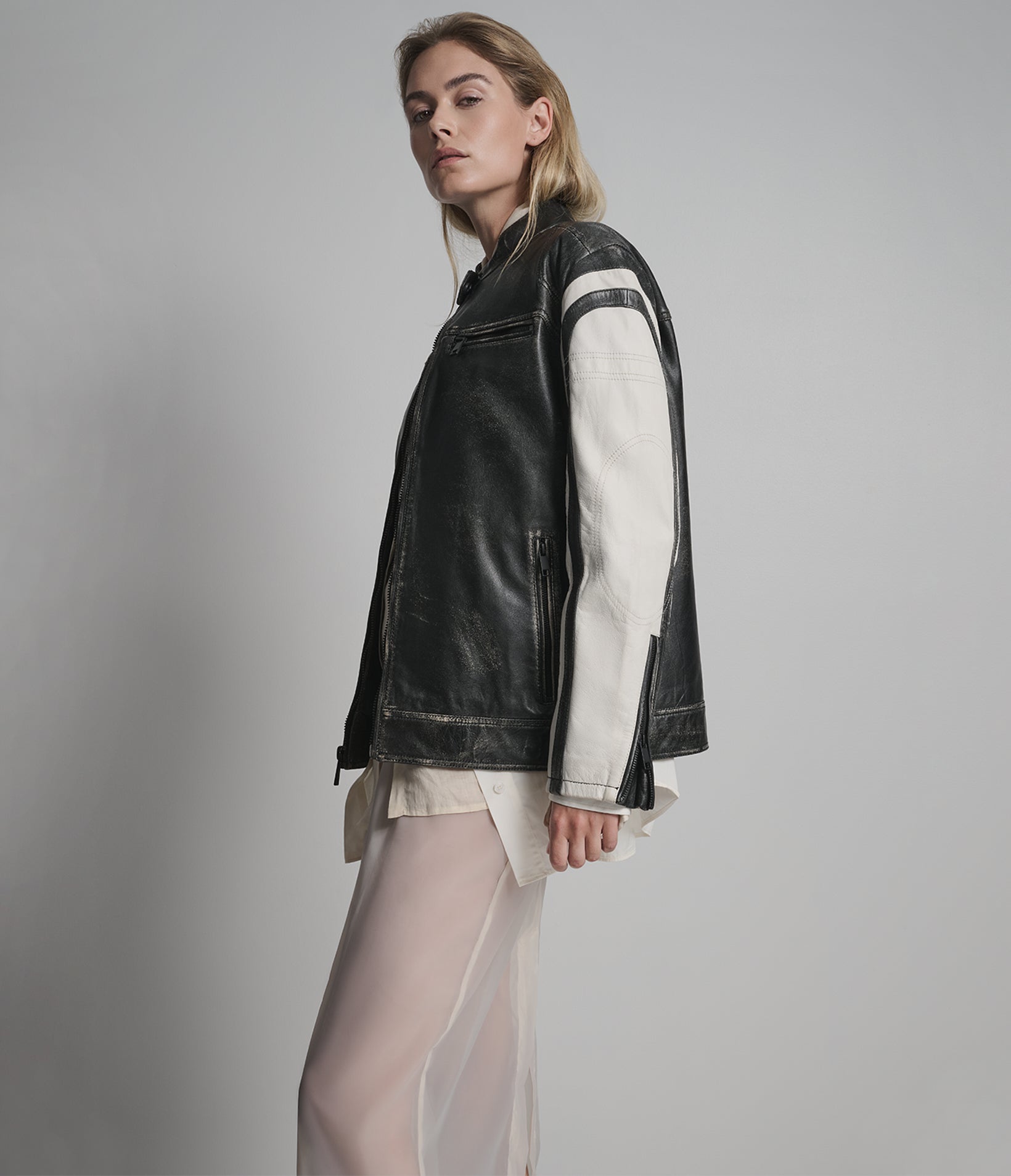 Jade Color Block Leather Racer Jacket View 6 | Women's Jackets & Coats