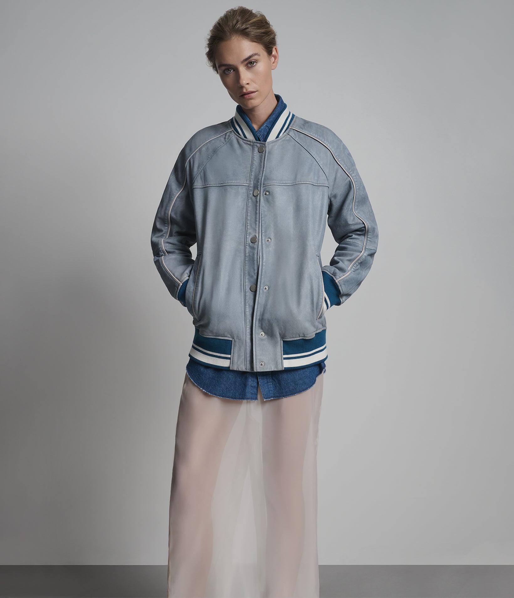 Lena Leather Denim Varsity Jacket View 1 | Women's Jackets Under $200