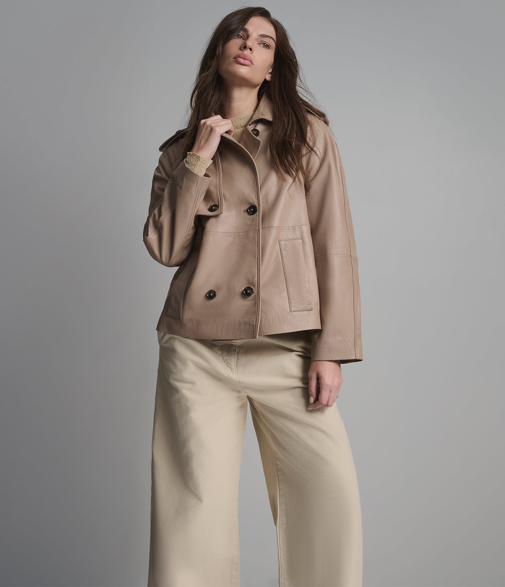 Teagan Leather Double-Breasted Short Trench Jacket View 6 | Women's Jackets & Coats