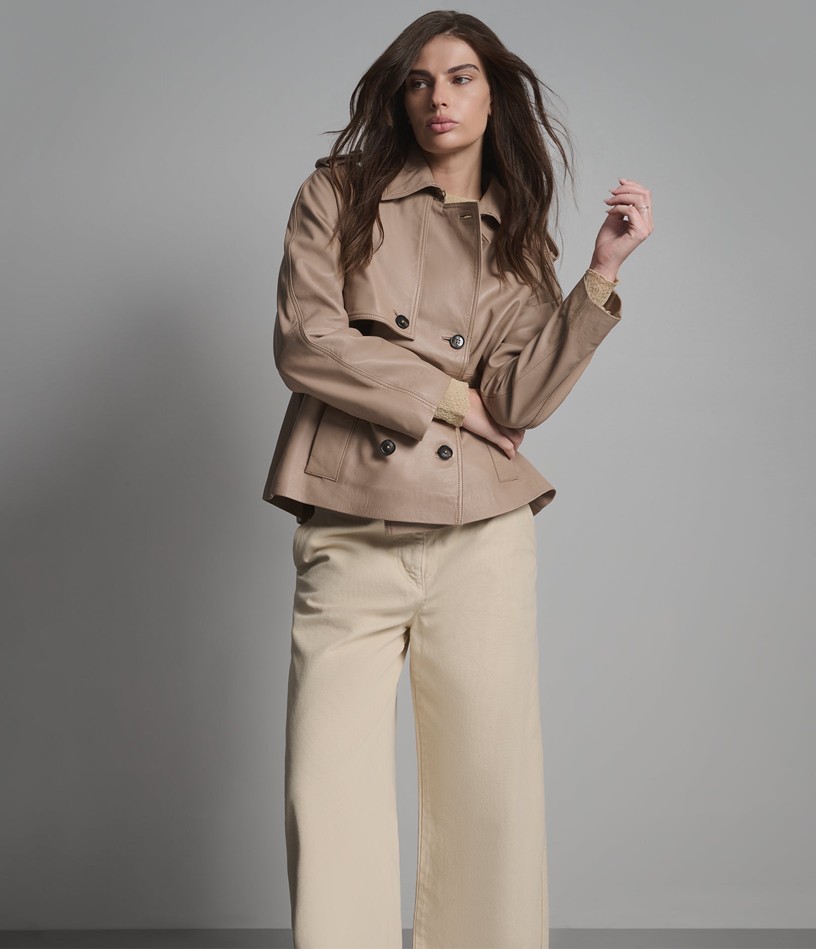 Teagan Leather Double-Breasted Short Trench Jacket View 1 | Women's Jackets & Coats