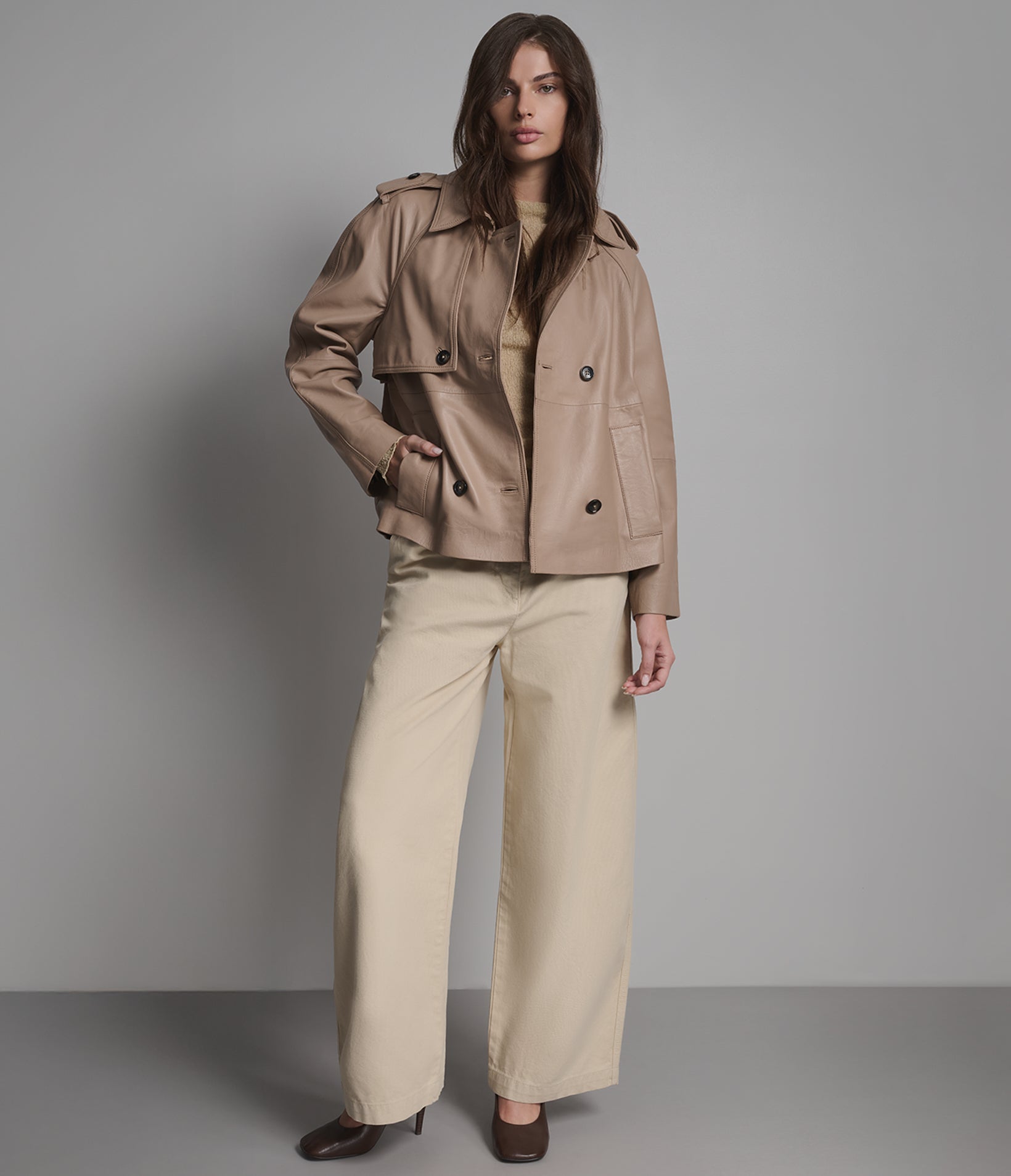 Teagan Leather Double-Breasted Short Trench Jacket View 3 | Women's Jackets & Coats