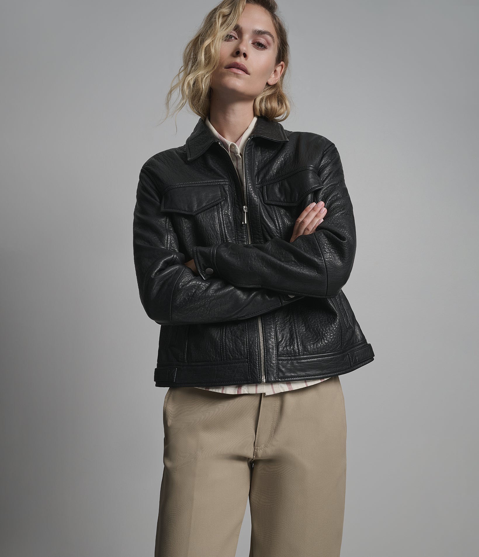 Nicole Textured Leather Trucker Jacket | Wilsons Leather