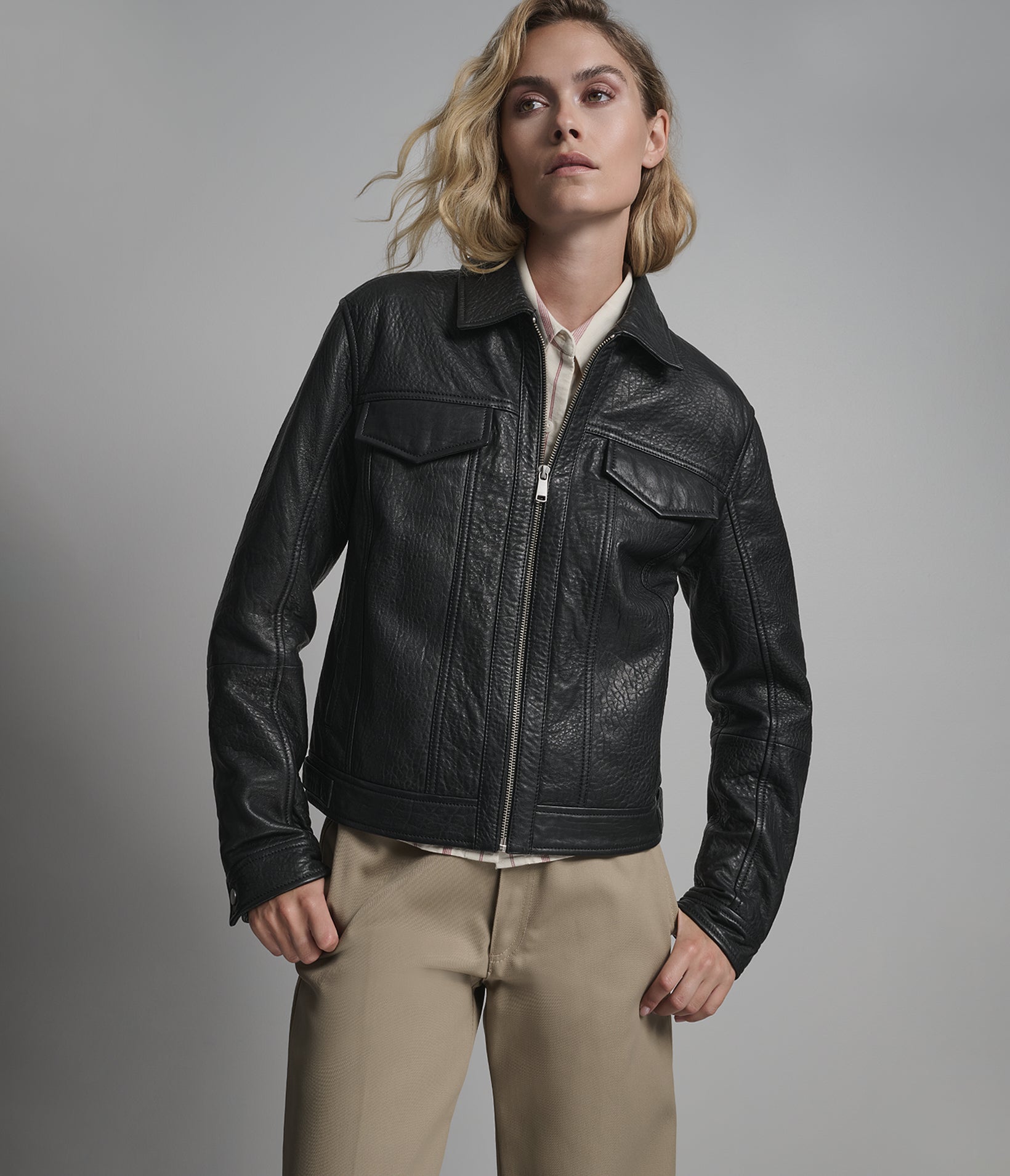 Nicole Textured Leather Trucker Jacket | Wilsons Leather