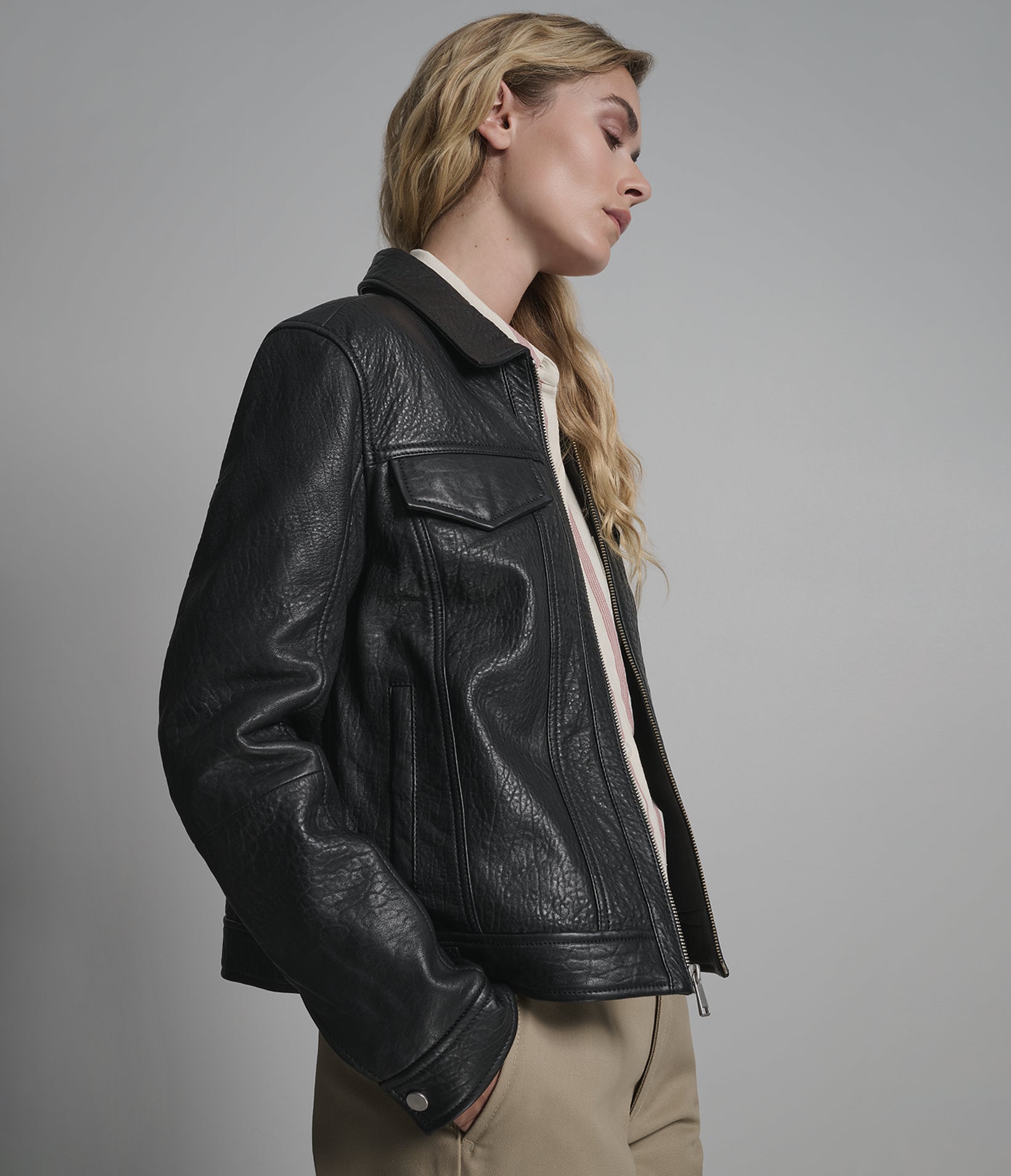 Nicole Textured Leather Trucker Jacket View 2 | Women's Jackets Under $200