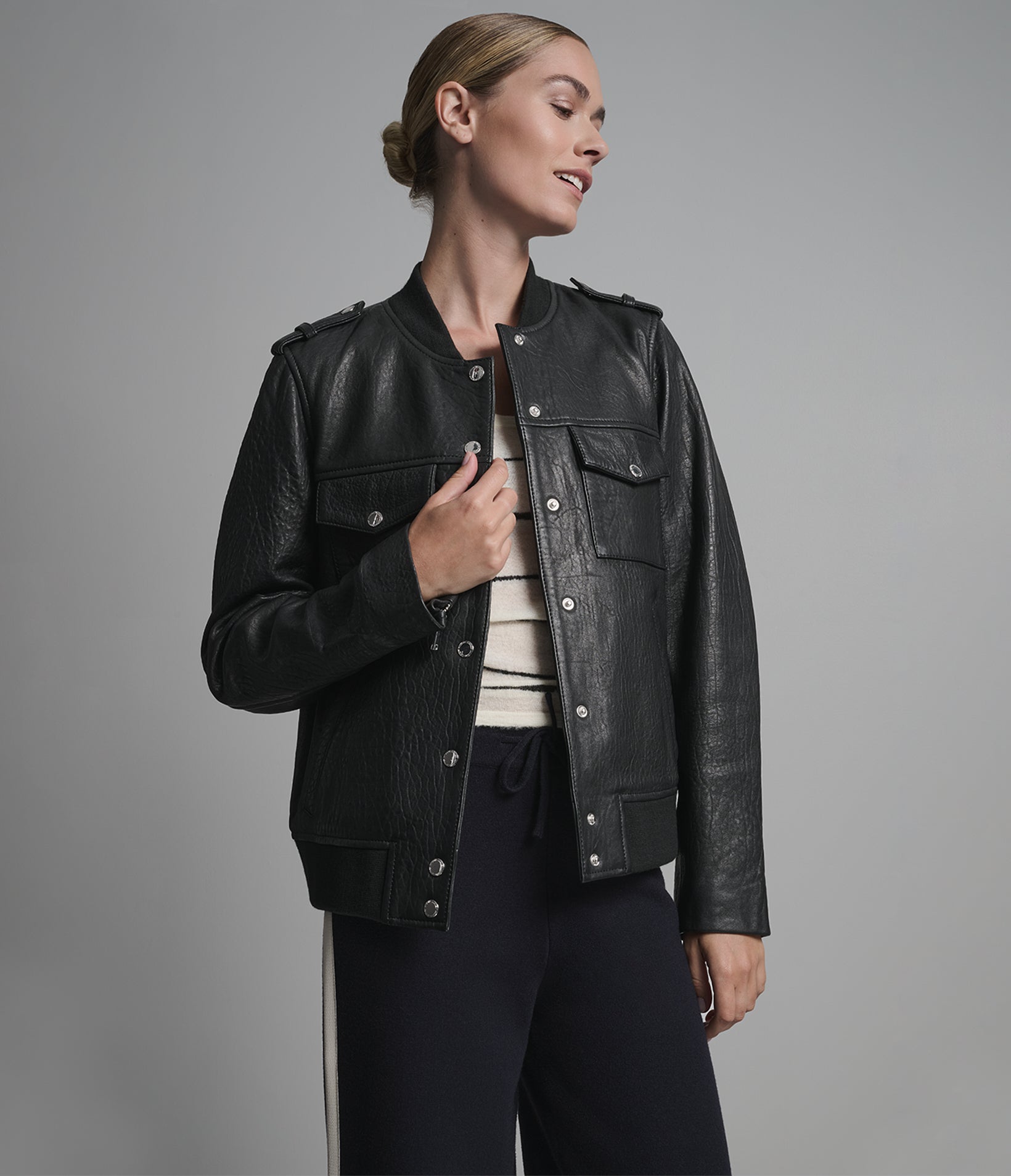 Hallie Textured Leather Bomber Jacket View 1 | Women's Jackets Under $200