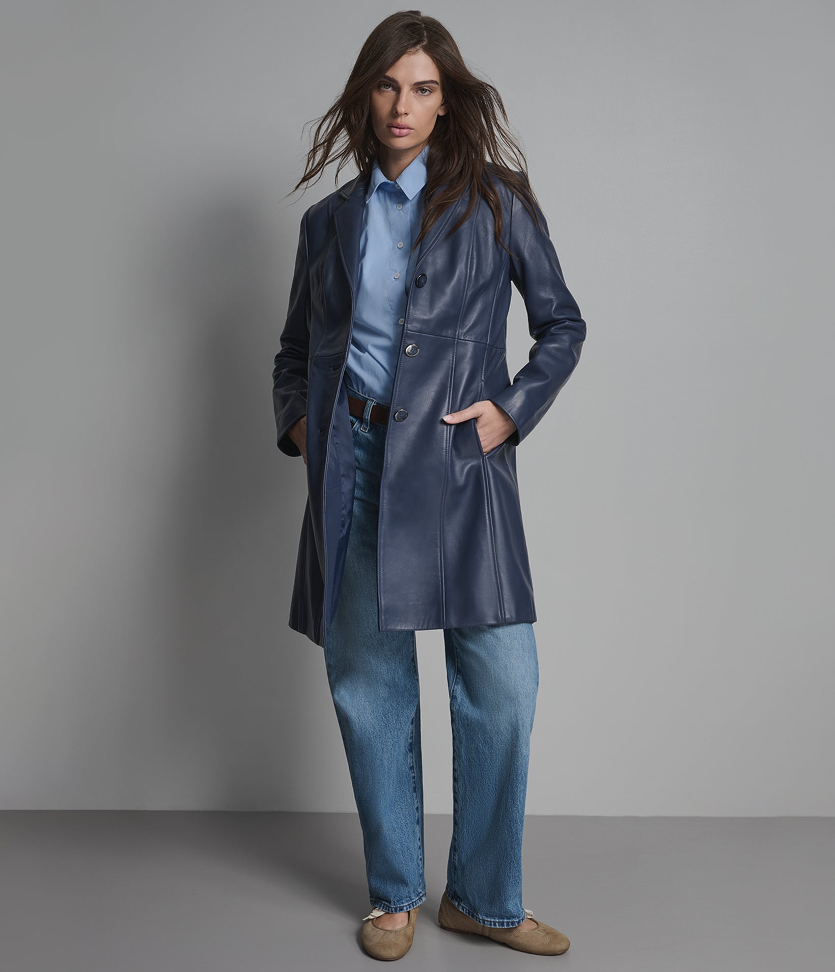 Nora Button Down Leather Trench Coat View 1 | Women's Jackets & Coats