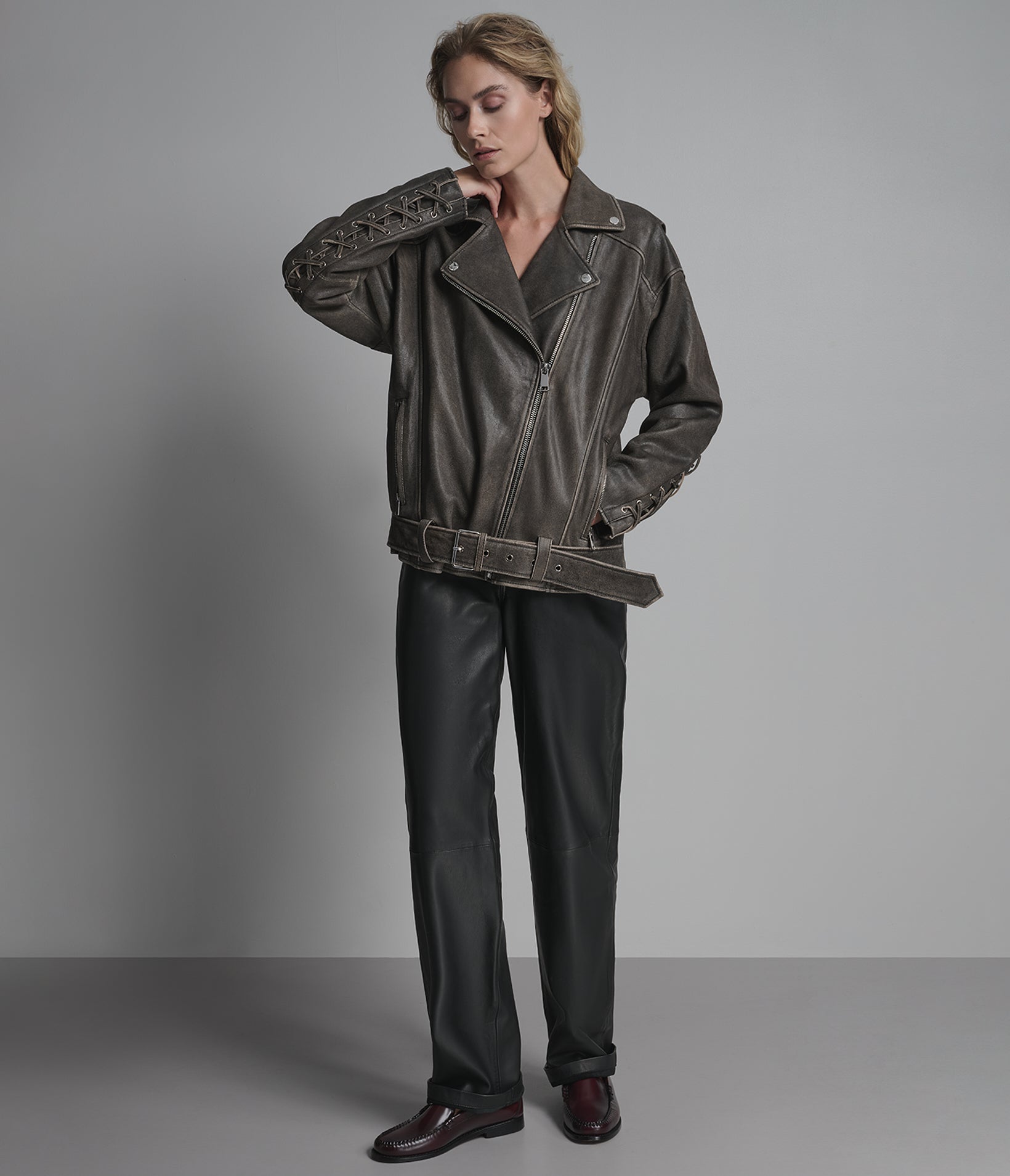 Briana Oversized Asymmetric Leather Moto Jacket View 6 | Women's Jackets & Coats