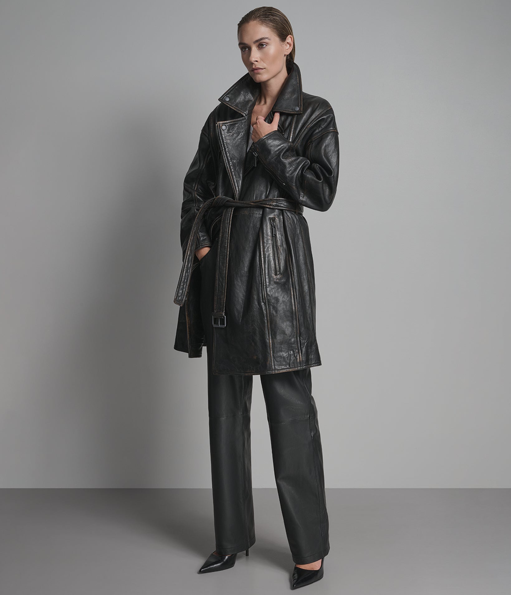 Liv Washed Leather Moto Trench | Wilsons Leather