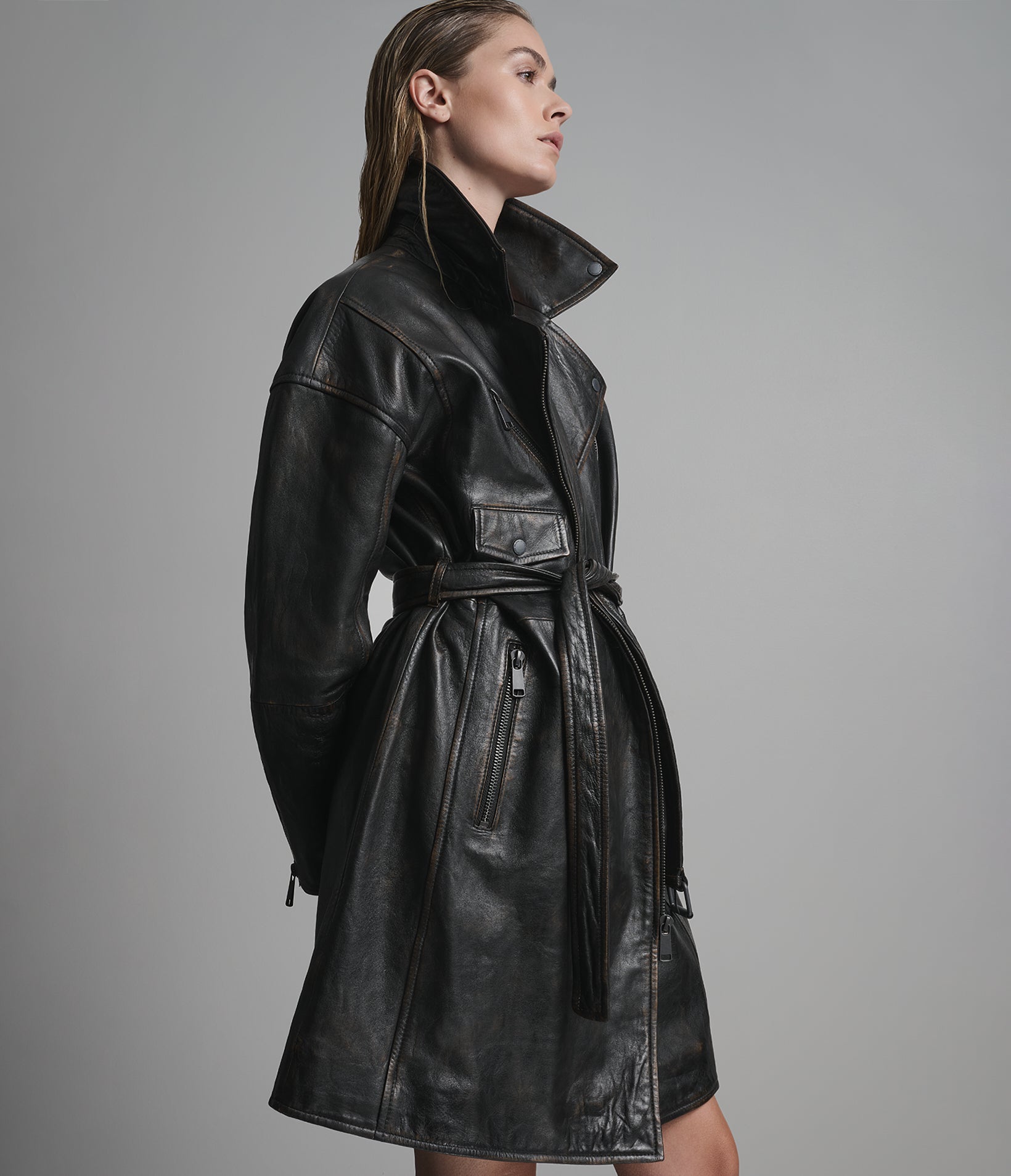 Liv Washed Leather Moto Trench | Wilsons Leather