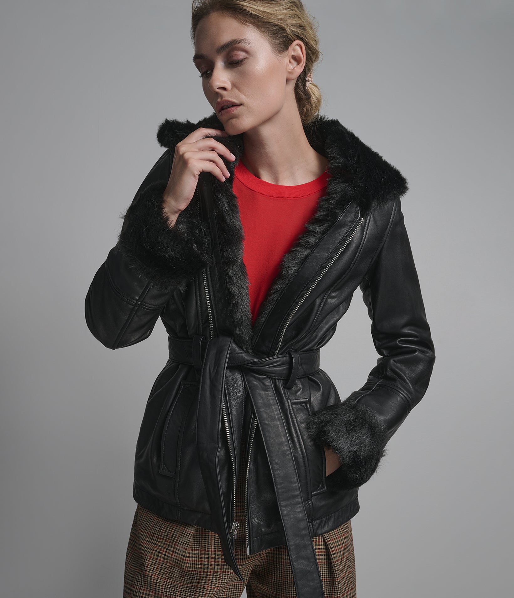 Genevieve Faux Fur Belted Trench Jacket View 2 | Women's Jackets Under $200