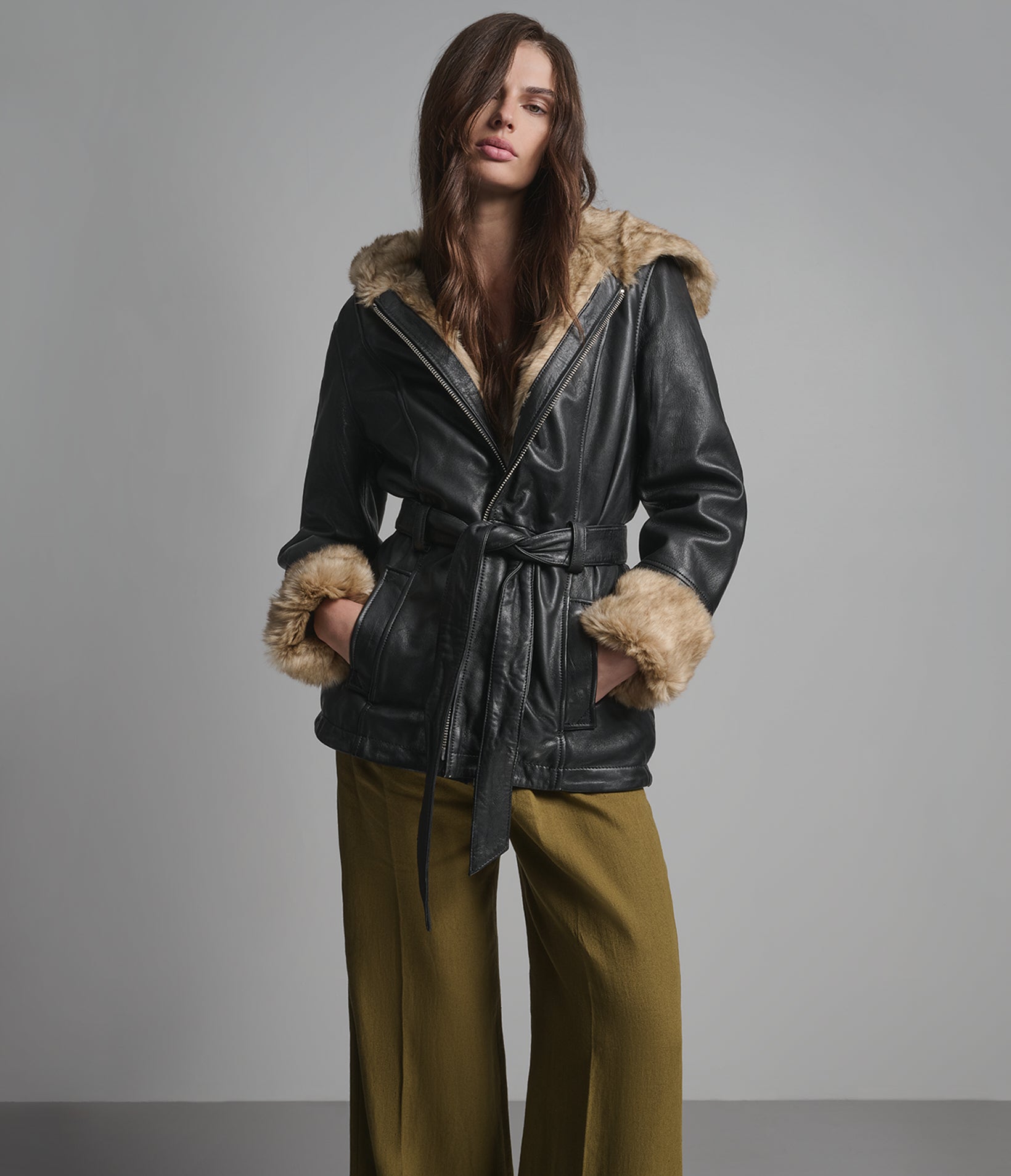 Genevieve Faux Fur Belted Leather Trench Jacket View 1 | Women's Jackets Under $200