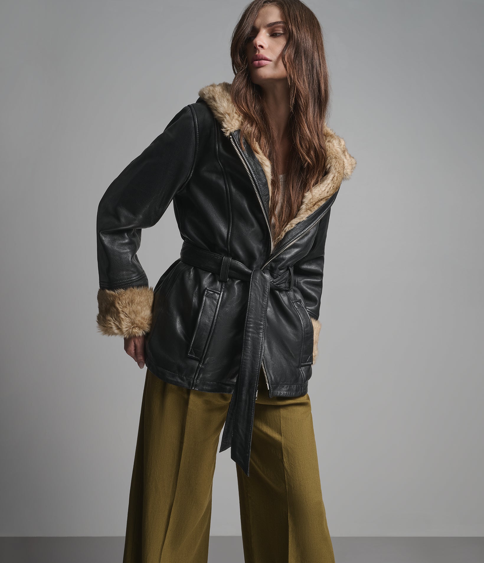 Genevieve Faux Fur Belted Leather Trench Jacket View 2 | Women's Jackets Under $200
