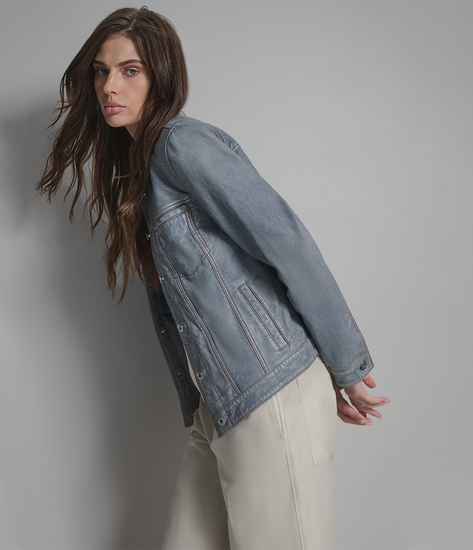 Addison Leather Denim Trucker Jacket View 2 | Women's Jackets Under $200