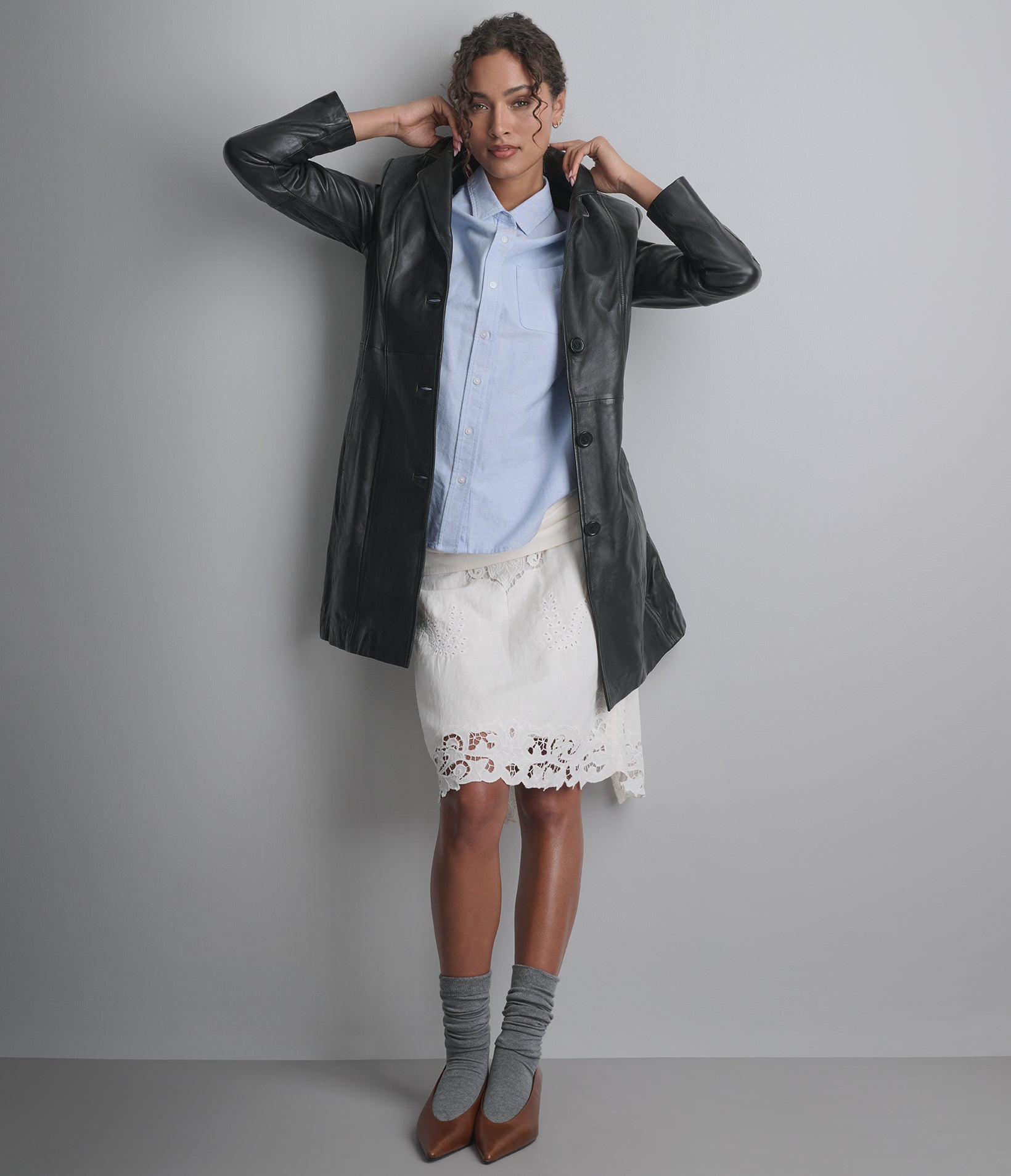 Nora Button Down Leather Trench Coat View 6 | Exclusive Access