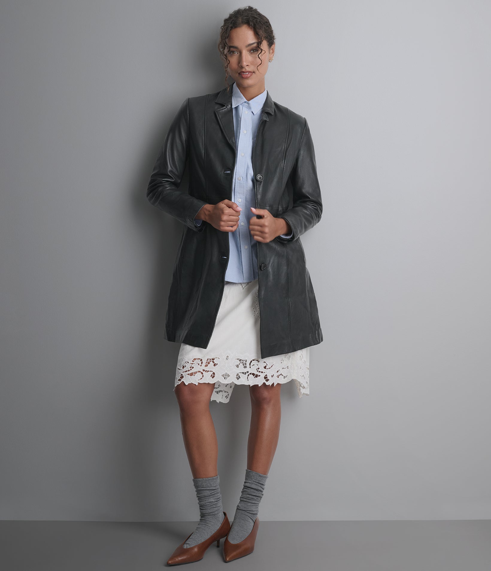 Nora Button Down Leather Trench Coat View 1 | Exclusive Access