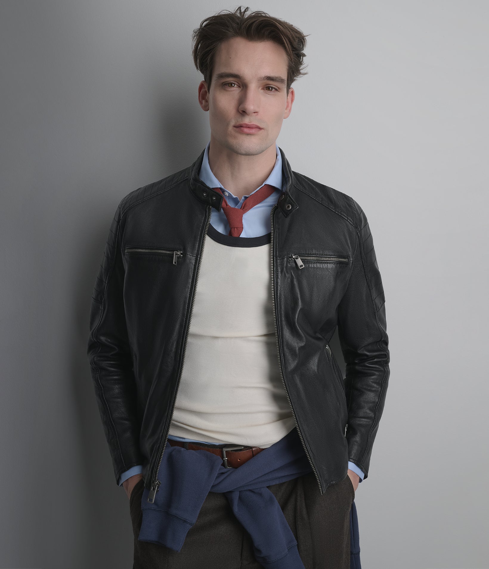 Lance Collarless Leather Moto Jacket View 1 | Men's Sale