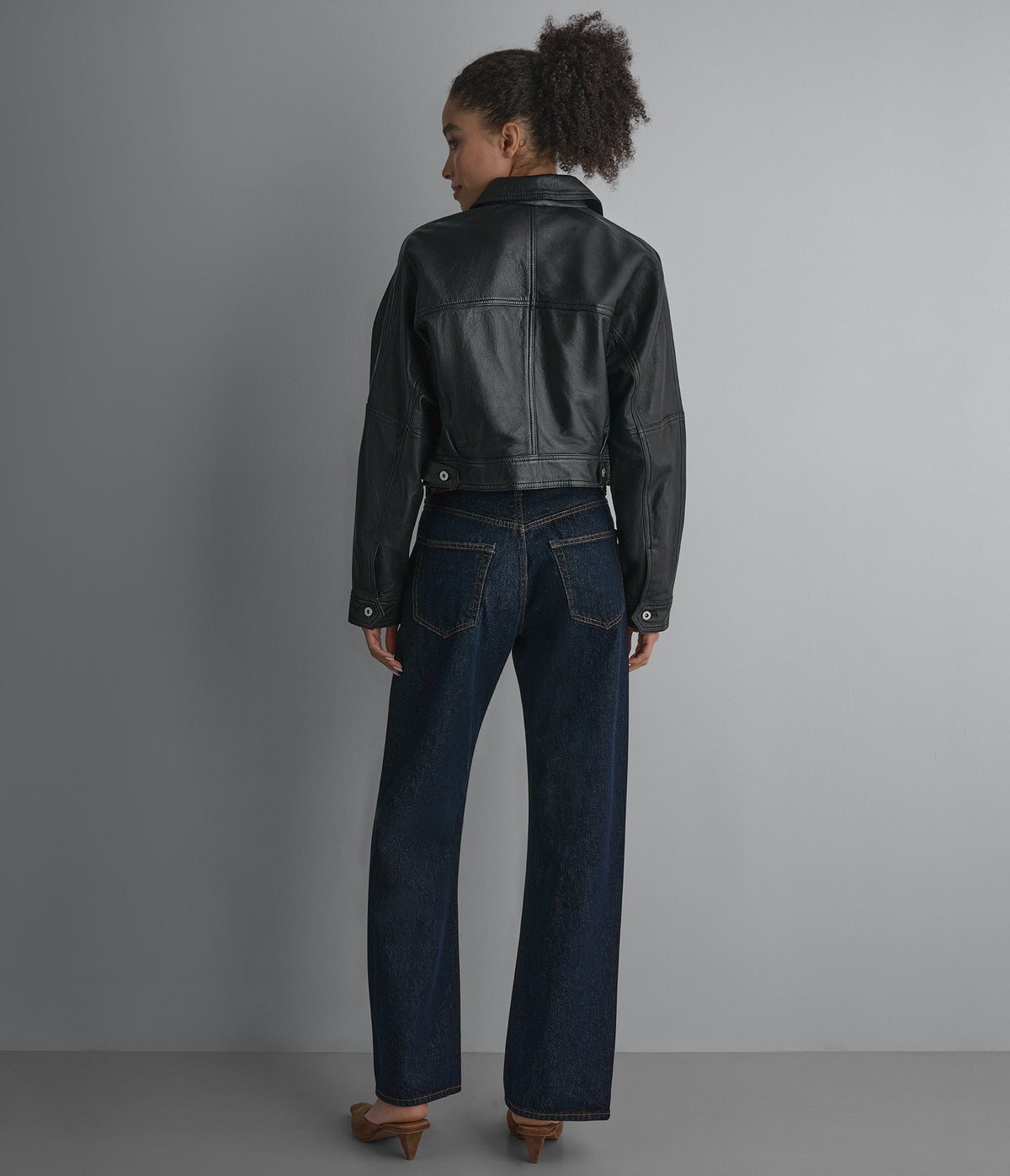 Jamie Dropped Shoulder Leather Trucker Jacket View 3