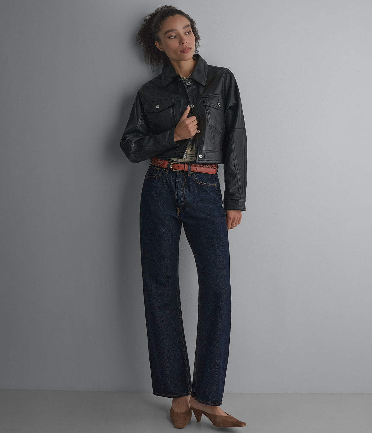Jamie Dropped Shoulder Leather Trucker Jacket View 4