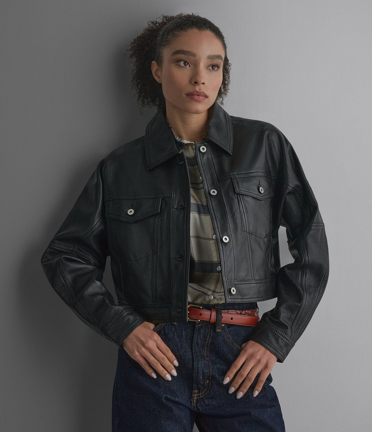 Jamie Dropped Shoulder Leather Trucker Jacket View 1 | Products
