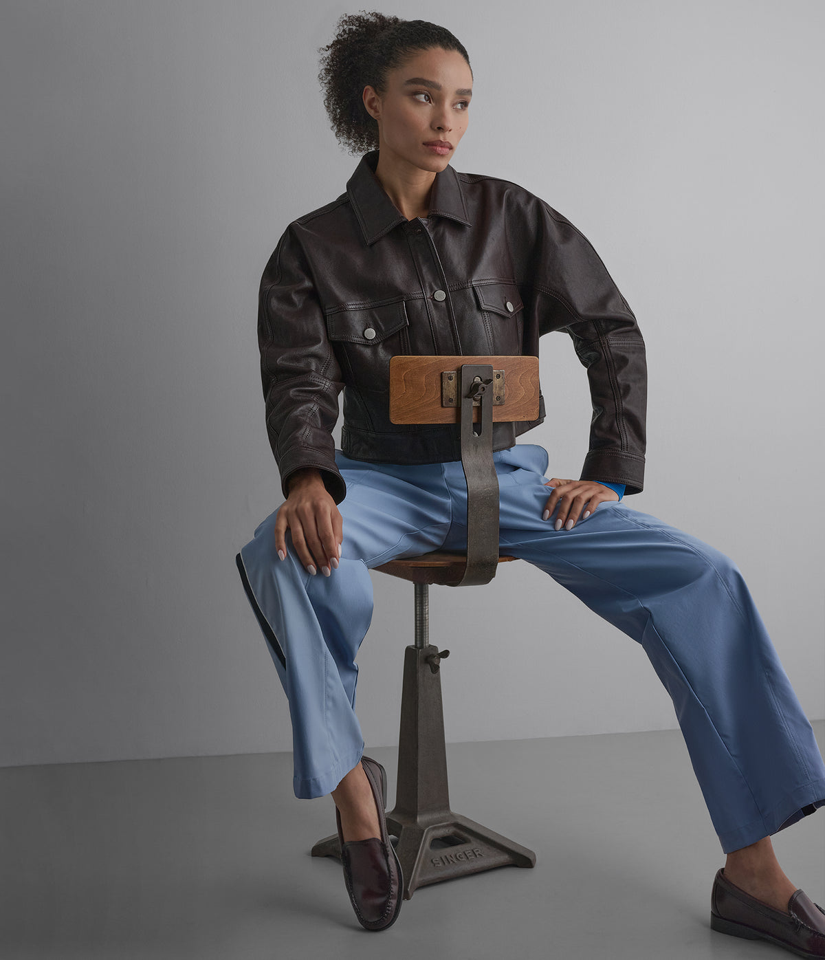 Jamie Dropped Shoulder Leather Trucker Jacket View 4 | Women's Fall Edit