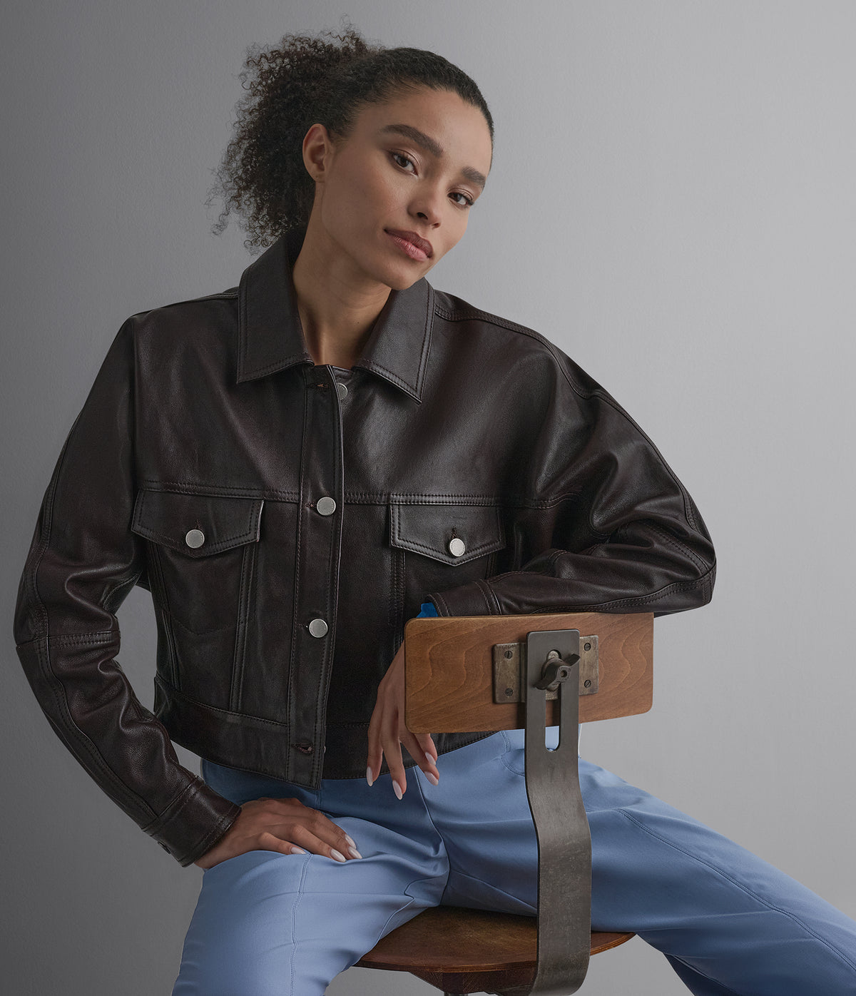 Jamie Dropped Shoulder Leather Trucker Jacket View 5 | Women's Fall Edit
