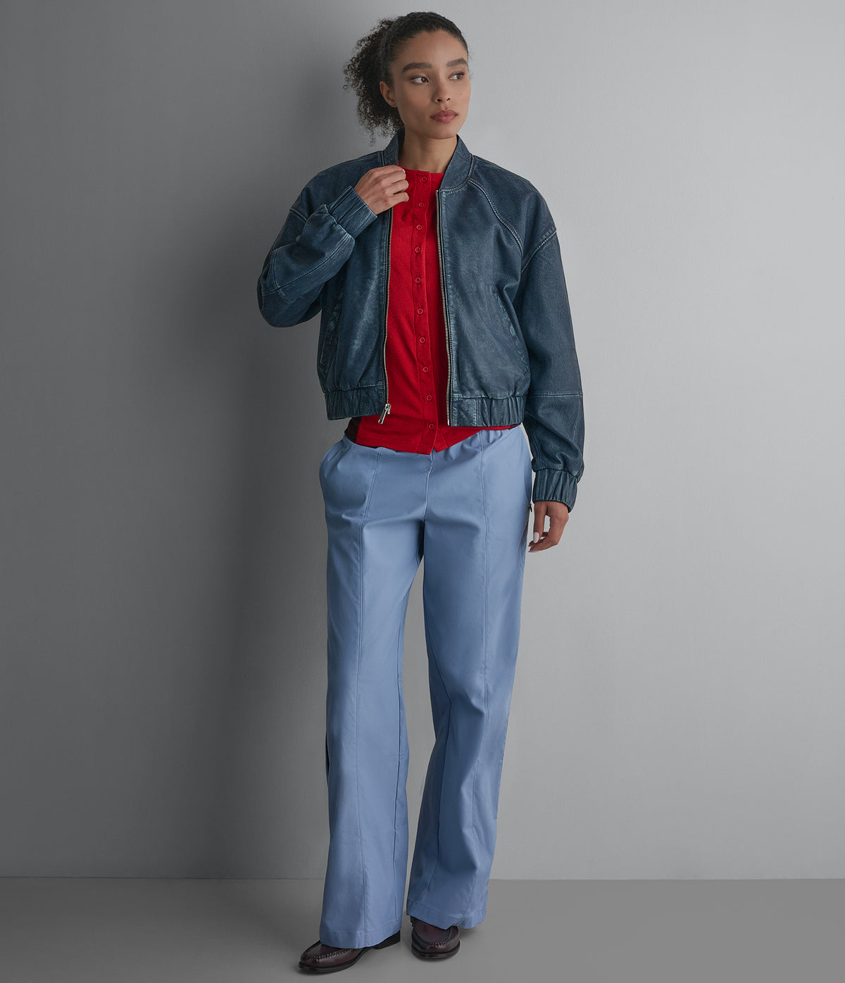 Bailen Denim Leather Bomber Jacket View 3 | Women's Fall Edit
