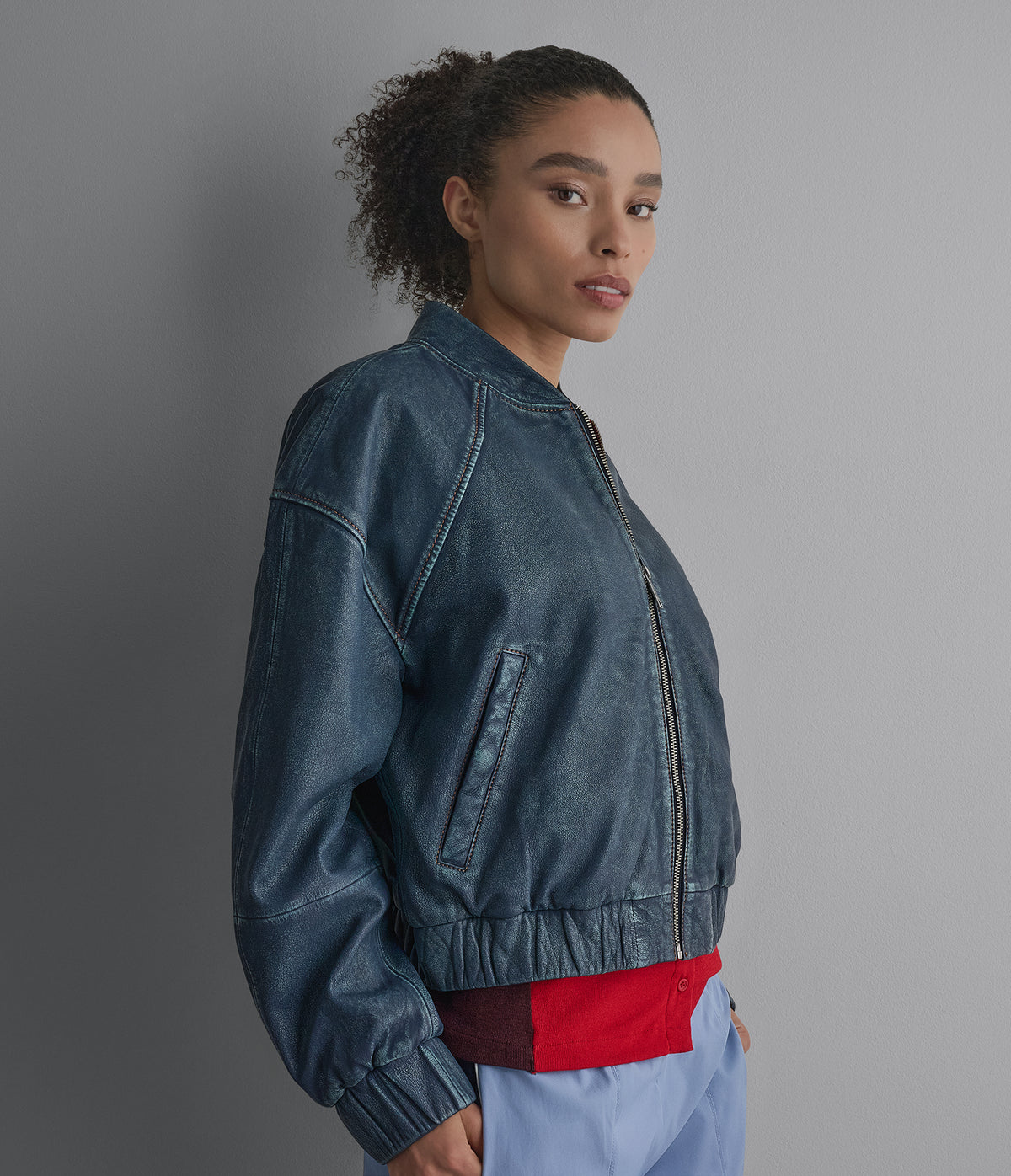 Bailen Denim Leather Bomber Jacket View 2 | Products