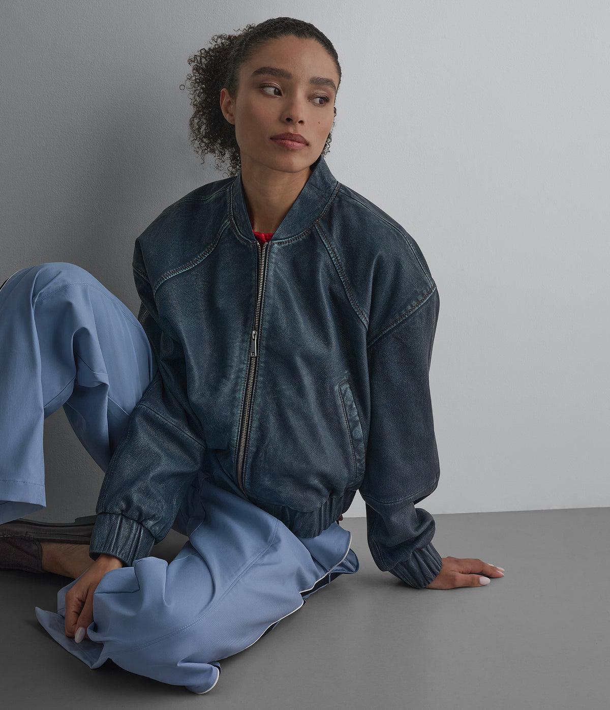 Bailen Denim Leather Bomber Jacket View 6 | Women's Fall Edit