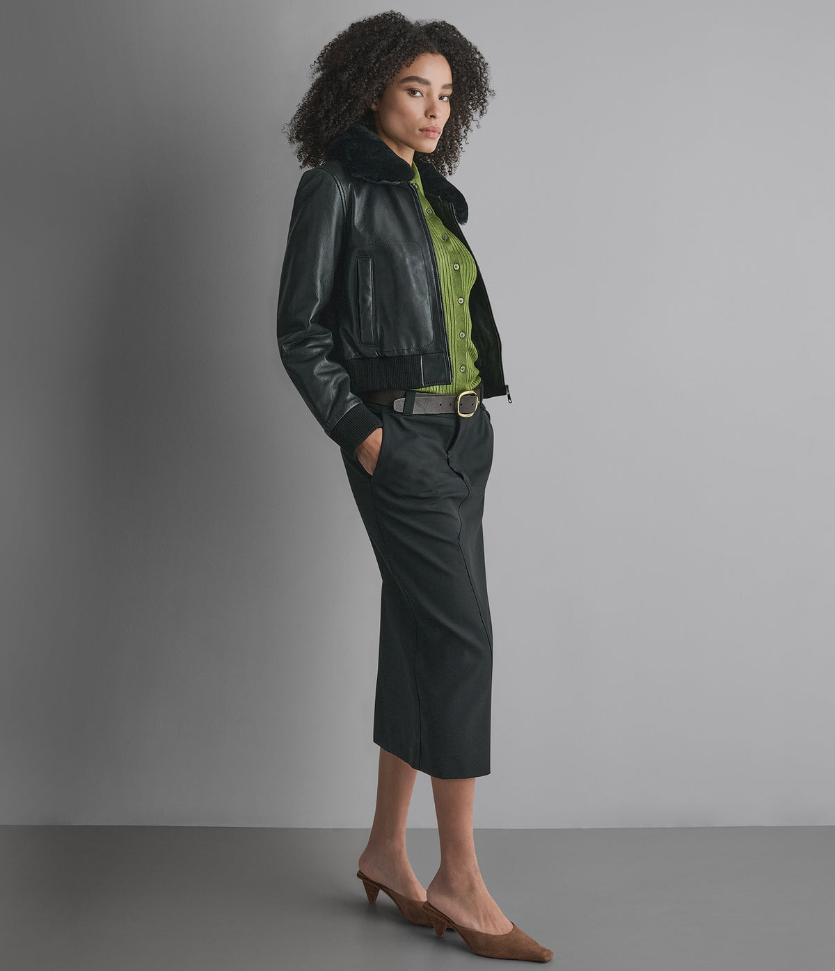 Avery Shearling Collar Leather Cropped Bomber Jacket View 4
