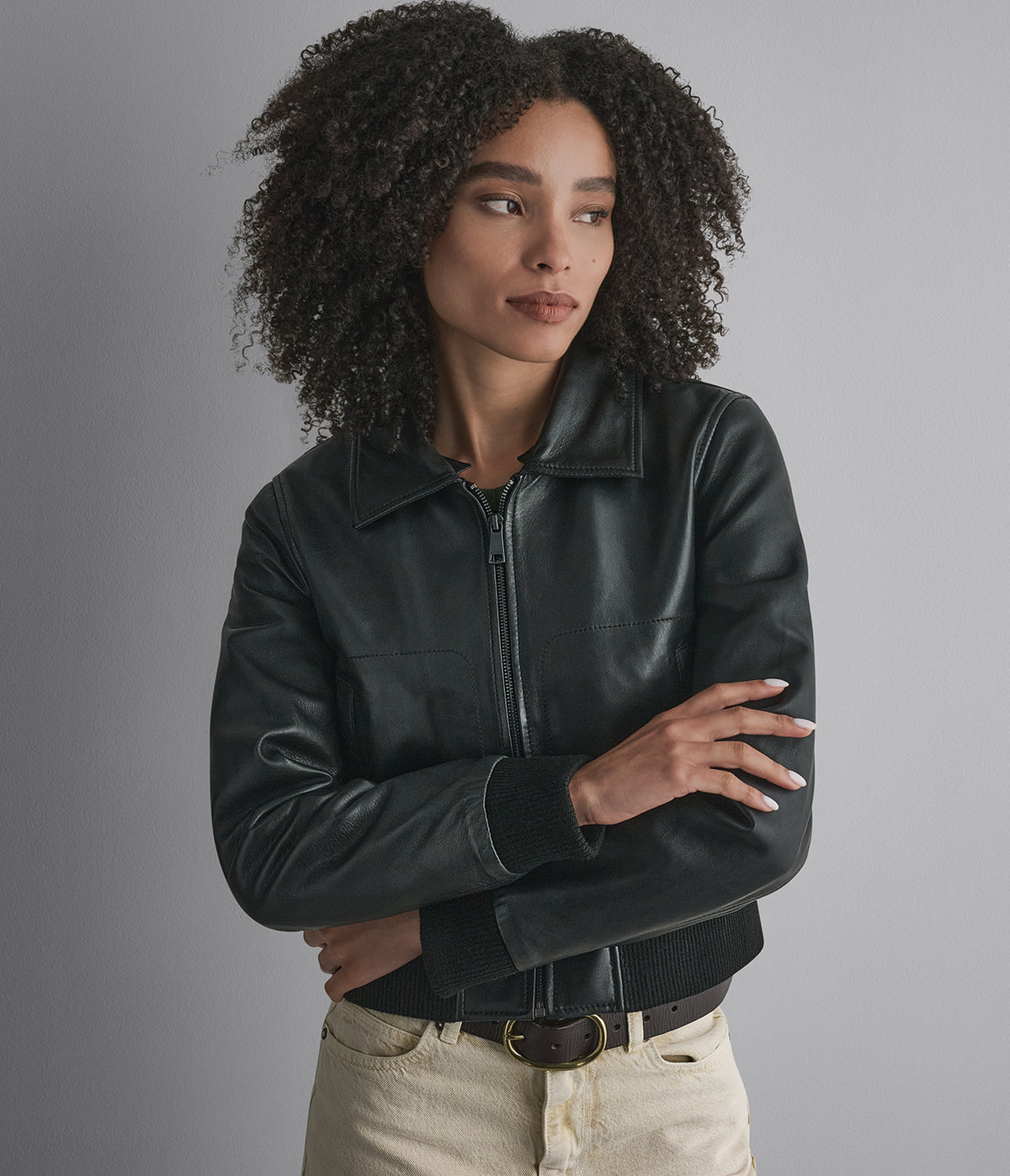 Avery Shearling Collar Leather Cropped Bomber Jacket View 5