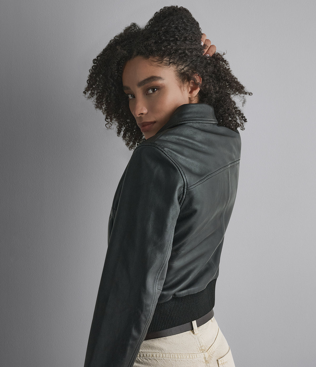 Avery Shearling Collar Leather Cropped Bomber Jacket View 6