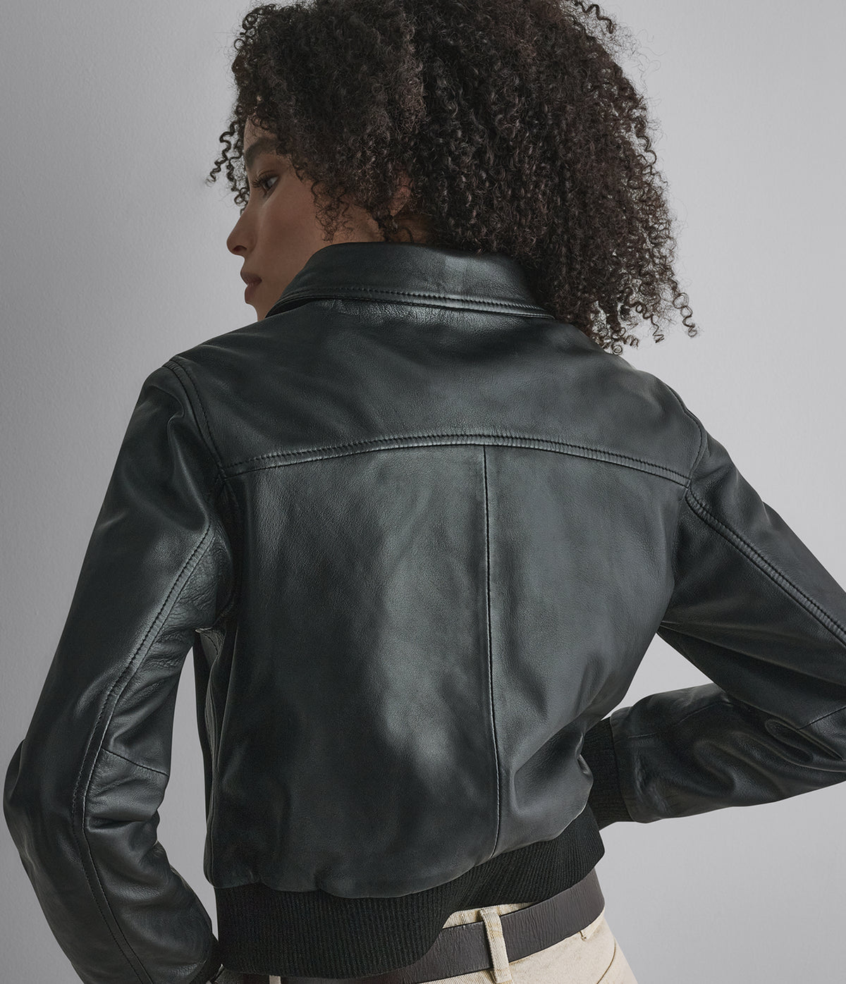 Avery Shearling Collar Leather Cropped Bomber Jacket View 7