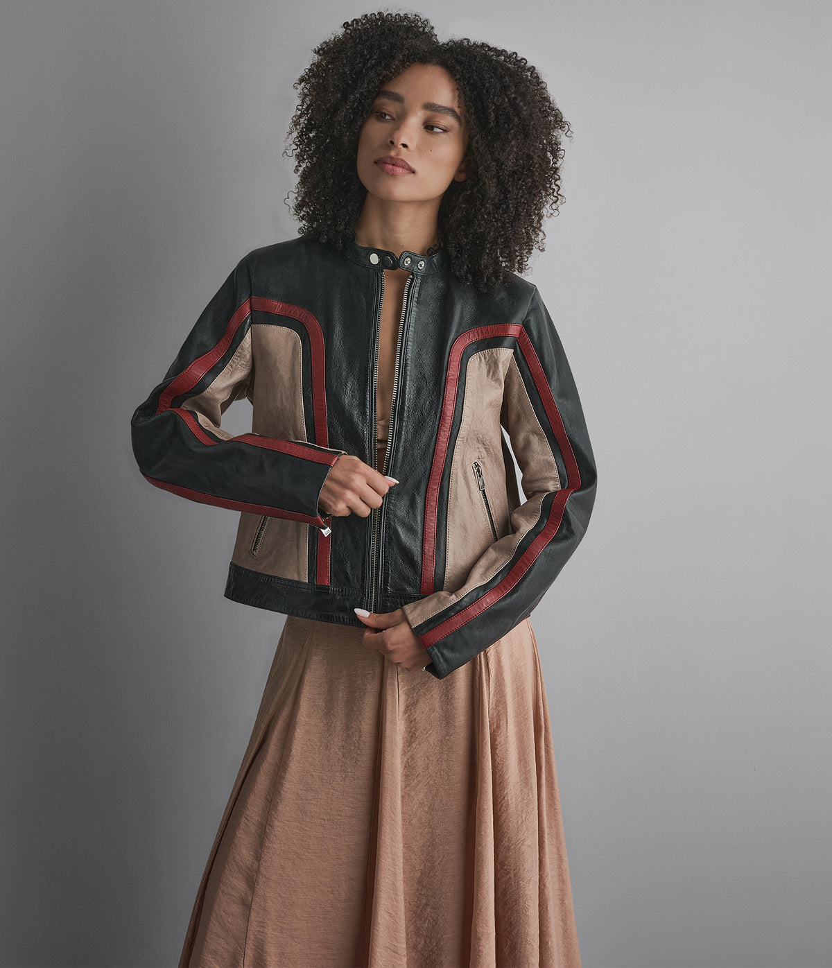 Riley Cropped Leather Racer Jacket View 2