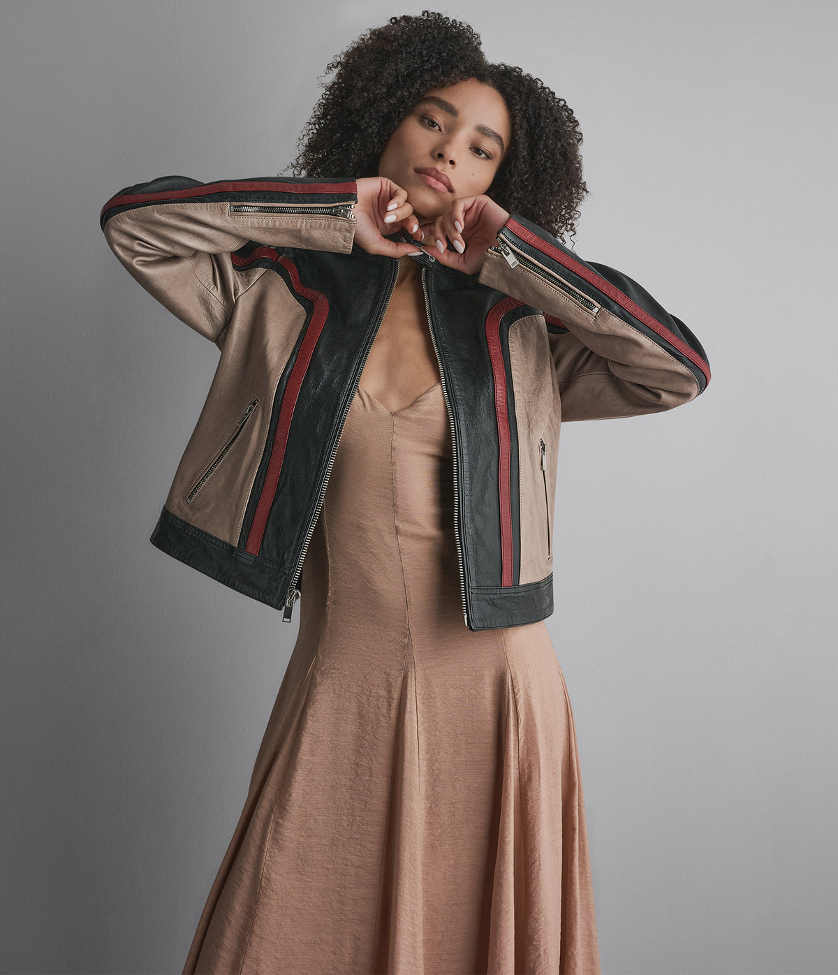 Riley Cropped Leather Racer Jacket View 6