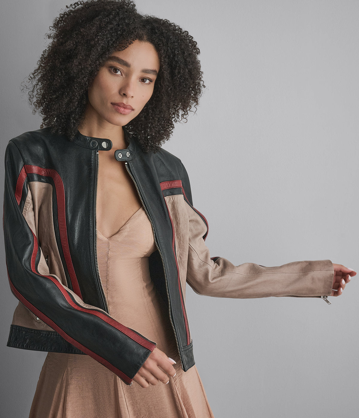 Riley Cropped Leather Racer Jacket View 1