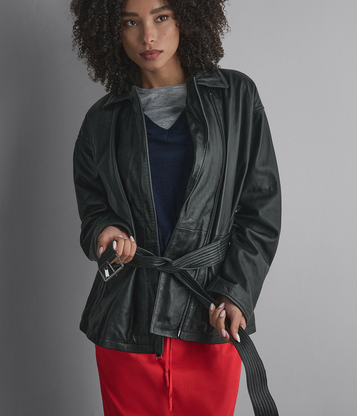 Monroe Leather Belted Asymmetric Moto Jacket View 1 | Women's Collection