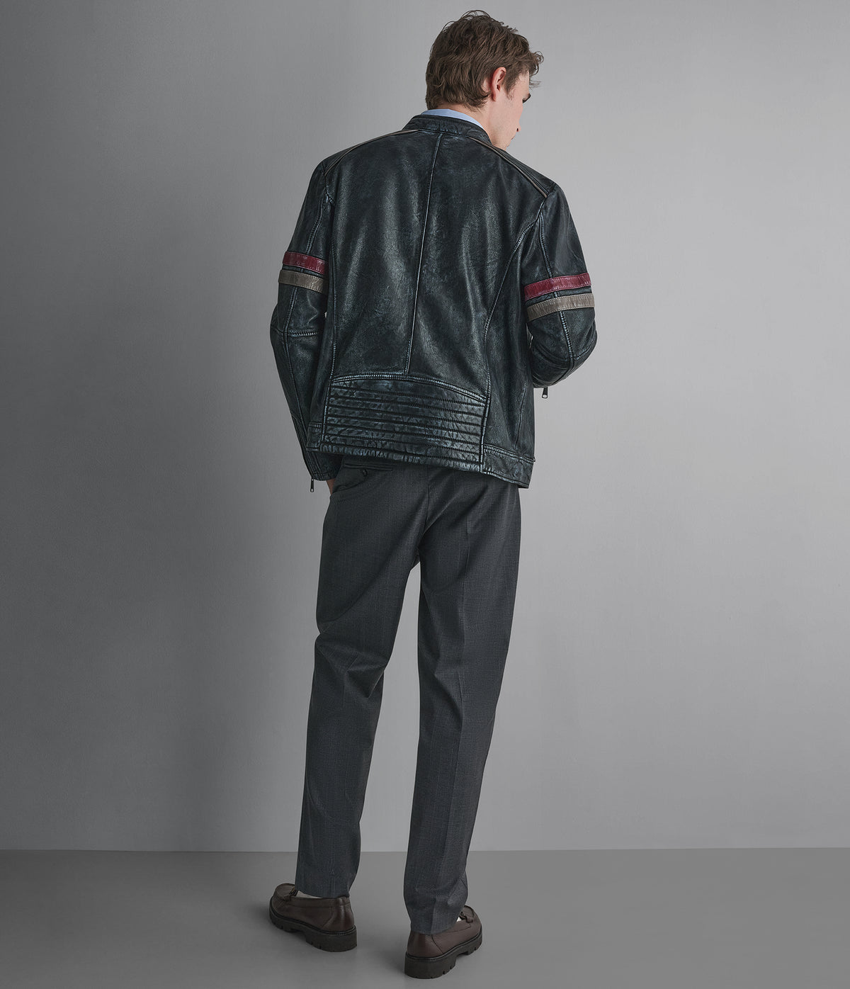 Lewis Denim Leather Striped Racer Jacket View 2 | Men's Jackets & Coats