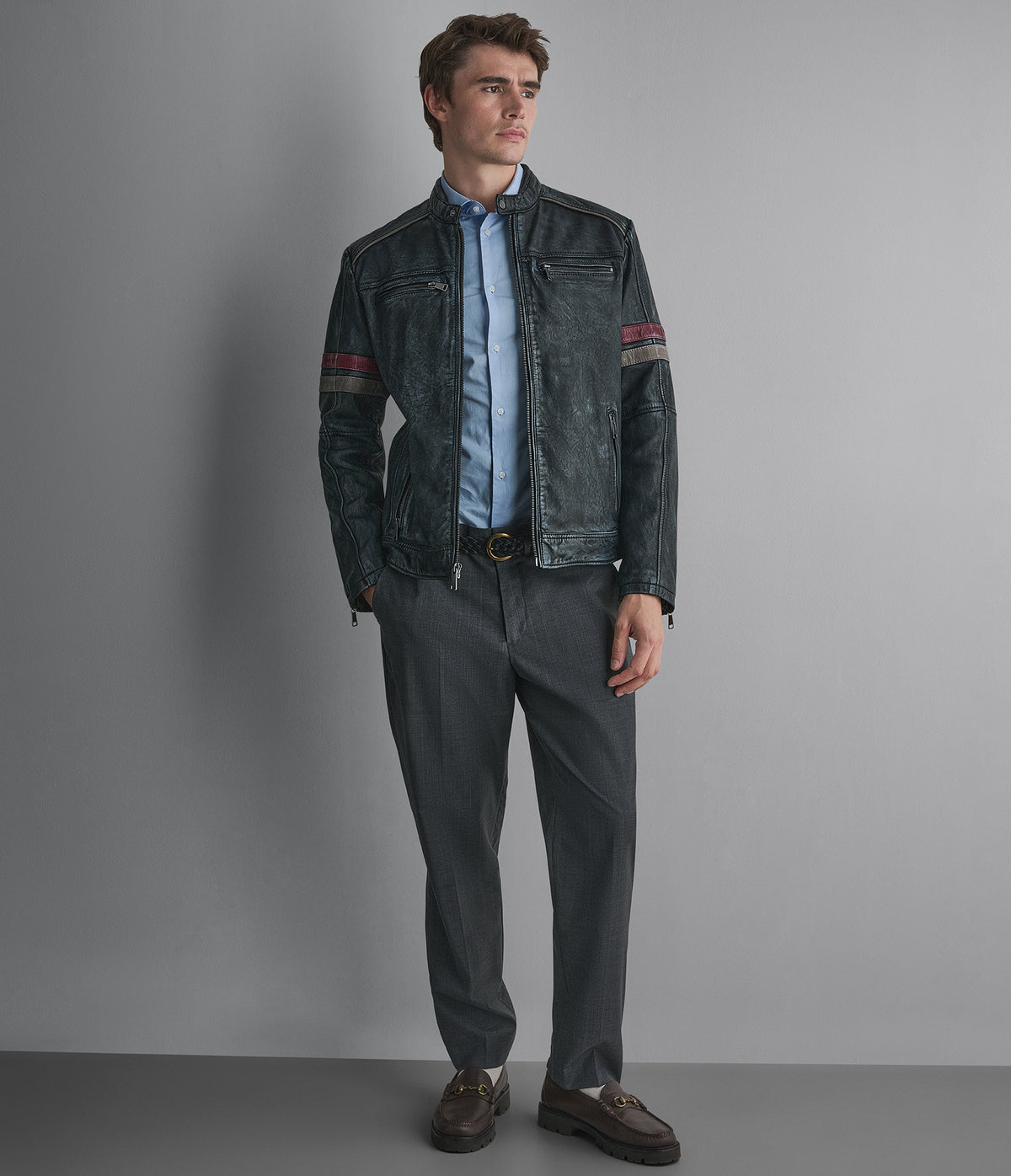 Lewis Denim Leather Striped Racer Jacket View 1 | Men's Jackets & Coats