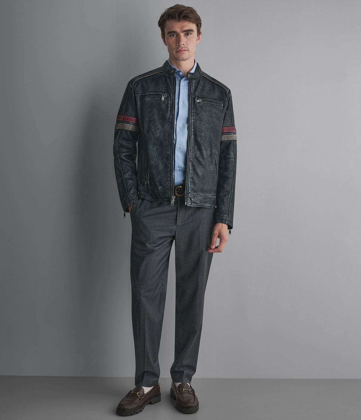 Lewis Denim Leather Striped Racer Jacket View 4 | Men's Jackets & Coats