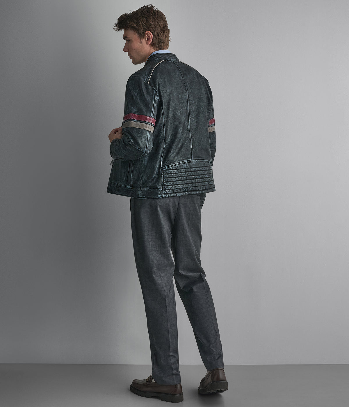 Lewis Denim Leather Striped Racer Jacket View 3 | Men's Jackets & Coats