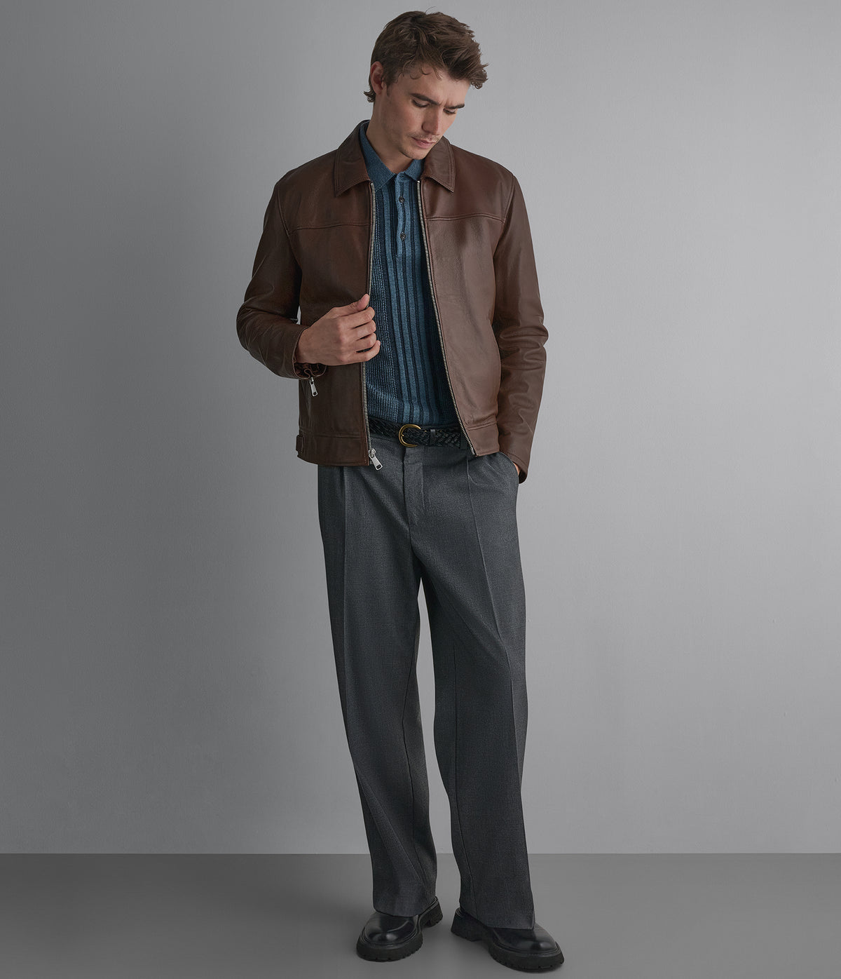Teddy Leather Zip Up Jacket View 3
