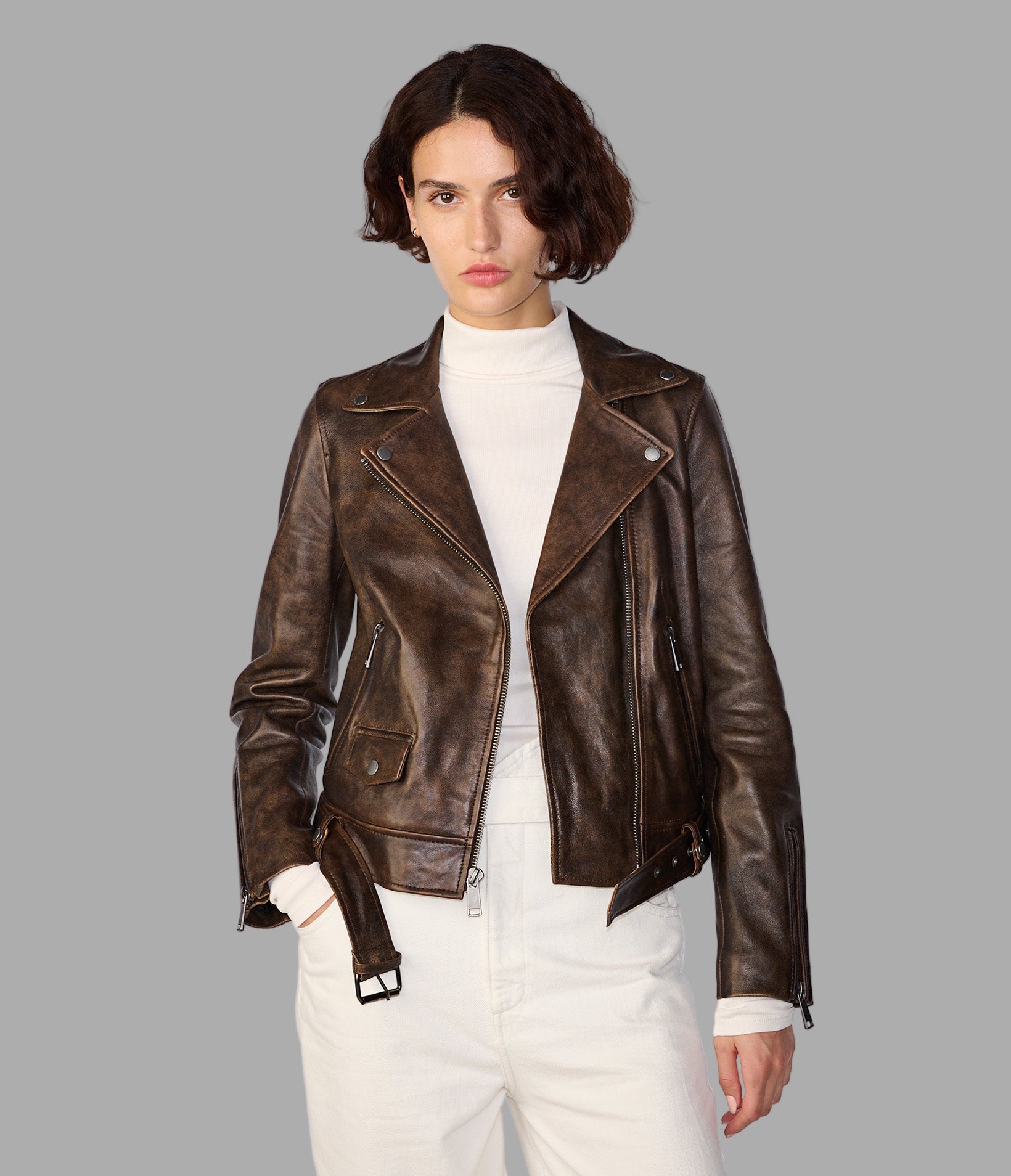 Bryn Distressed Leather Moto Jacket Wilsons Leather - Main Image