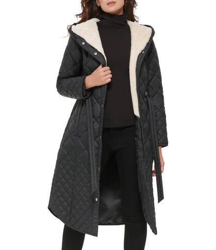 Belted Quilted Long Jacket With Faux Sherpa Lining view 1